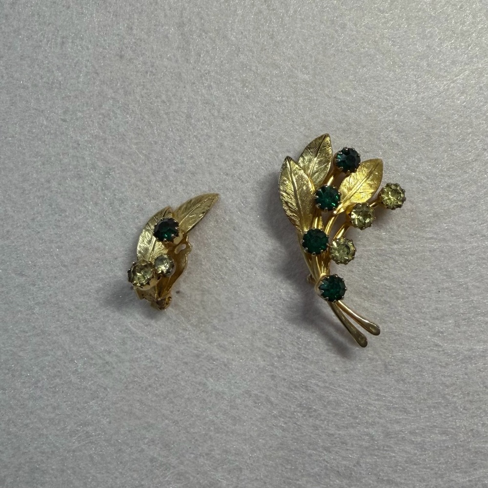 Gold-Tone Leaf Brooch and Single Earring Set with Green and Pale Yellow Stones